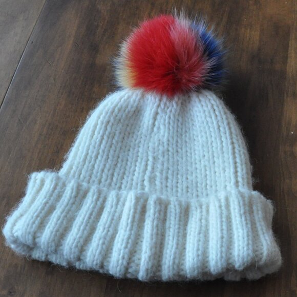 Raffaello Bettini Ivory Cable Knit Beanie Multi Color Fox Fur Pom Pom Toque Hat - Picture 2 of 5